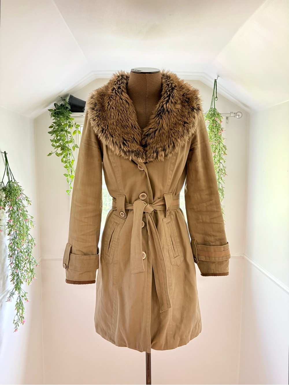 Dynamite Tan Trench Coat with Faux-Fur Collar
